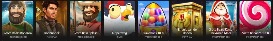 De slotslobby van Betninja met populaire videoslots zoals Grote Baars Bonanza, Dodenboek en Zoete Bonanza 1000